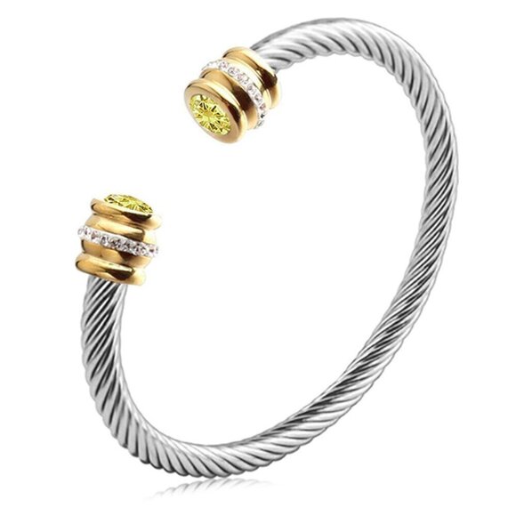 18K Gold Plated Dual Tone Stainless Steel Cable Twist Bangle, Simulated Citrine - Picture 1 of 2